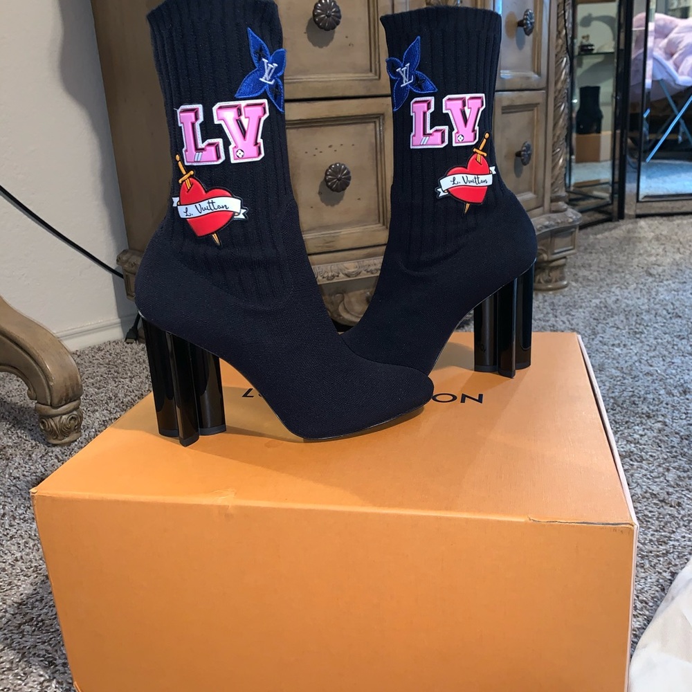 Louis Vuitton Black Sock Ankle Booties with Colorful LV Patch - Picture 3 of 11